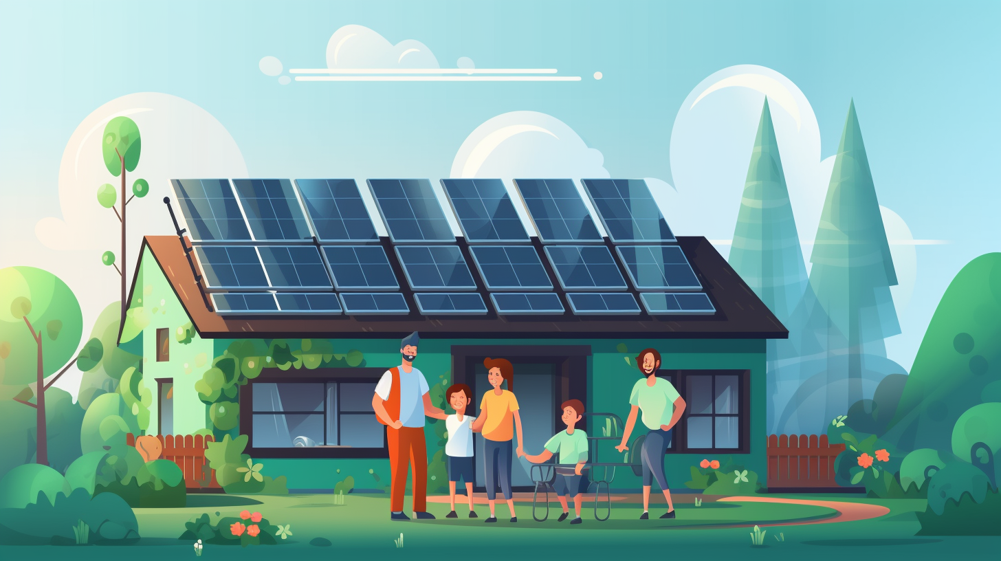 Eine Familie steht neben ihrem mit Solarmodulen ausgestatteten Haus und diskutiert die Vorteile erneuerbarer Energien