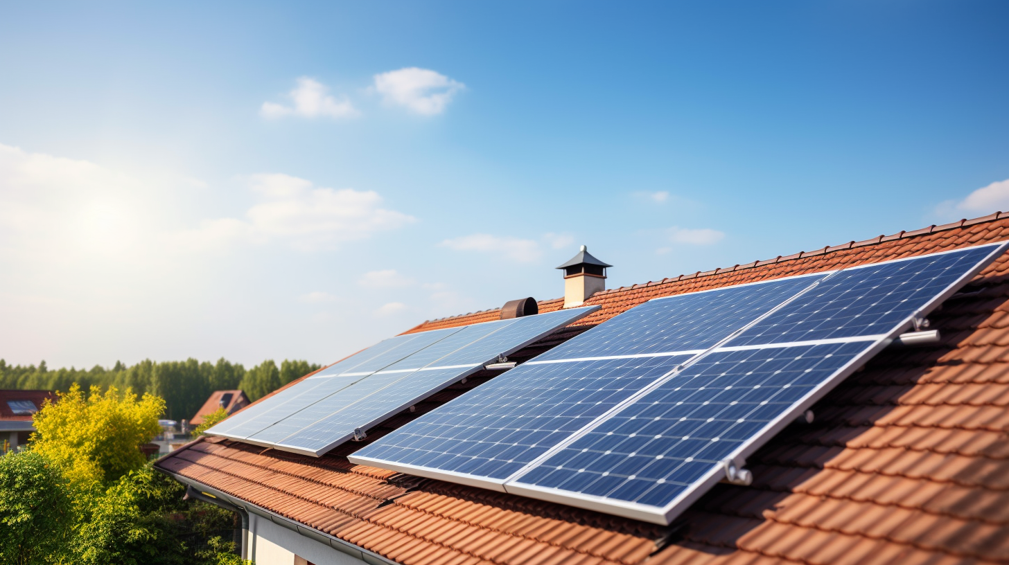 Eine Nahaufnahme von Solarmodulen auf einem Dach, mit einem klaren blauen Himmel im Hintergrund. Man sieht eine vierköpfige Familie - zwei Erwachsene und zwei Kinder - im Garten, was auf eine Wohnnutzung des 10 KW Solarenergie-Systems hinweist.