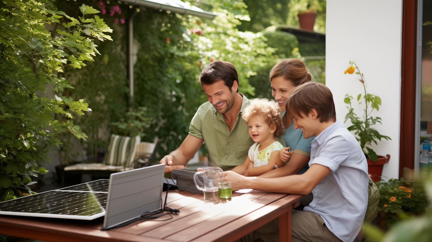 Eine Familie versammelt sich um einen Tisch, um darüber zu diskutieren, ob sie eine Solaranlage mieten sollten. Ein Mann verweist auf eine Tabelle auf seinem Laptop, die die Kosten und Einsparungen einer typischen Solaranlage darstellt.