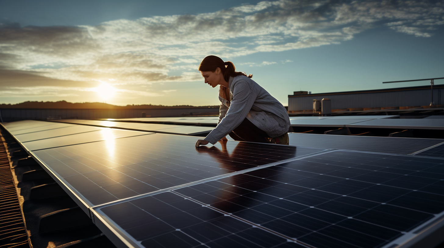 Eine Frau überprüft sorgfältig eine Reihe von Solarpaneelen auf einem großen Dach und macht die letzten Kontrollen und Überlegungen, bevor sie sich dazu entschließt, ein 10 kW Solarsystem zu installieren.