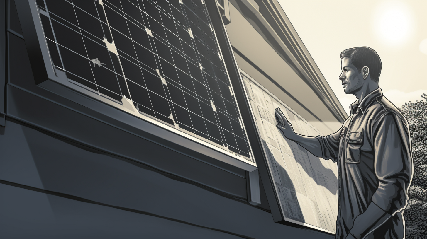 Eine Frau betrachtet ein Panel einer Bautech-Solaranlage in einem Wohngebiet. Sie untersucht die Merkmale des Solarmoduls und scheint sich über das System zu informieren. Im Hintergrund sind mehrere Solarmodule zu sehen, die die Leistungsfähigkeit und Skalierbarkeit von Bautechs Solartechnik demonstrieren.