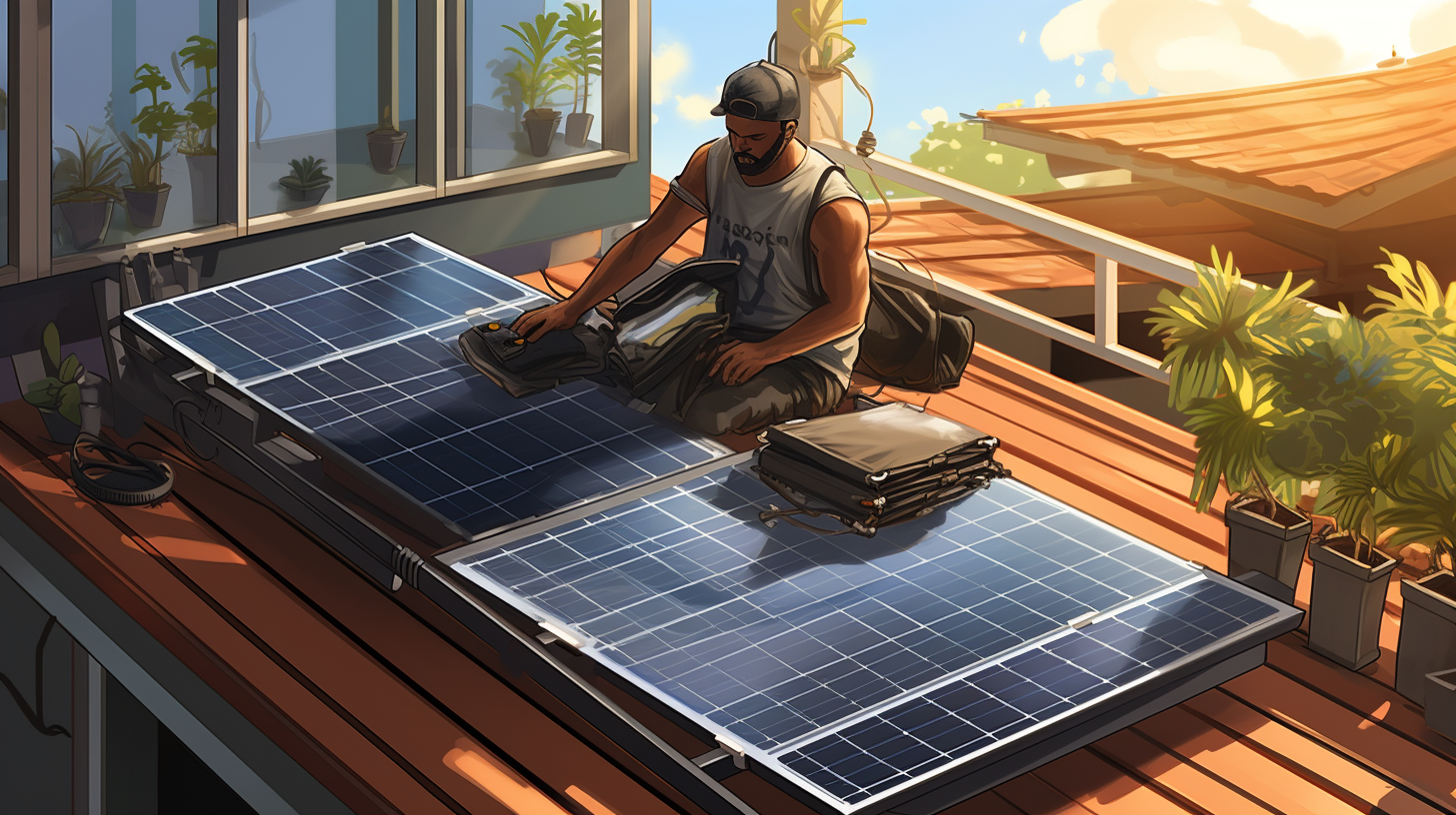 Eine glückliche Person richtet an einem sonnigen Tag ein kleines Solarmodulsystem auf ihrem Balkon ein. Sie justieren die Solarpaneele sorgfältig, um die maximale Sonneneinstrahlung zu erreichen.