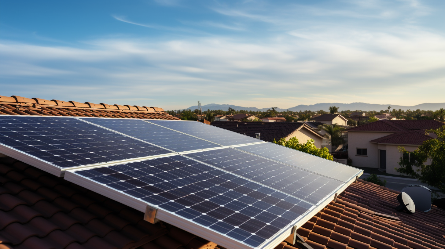 Eine gesetzlich genehmigte Dach-Solaranlageninstallation in einem Viertel mit klarem Himmel im Hintergrund.