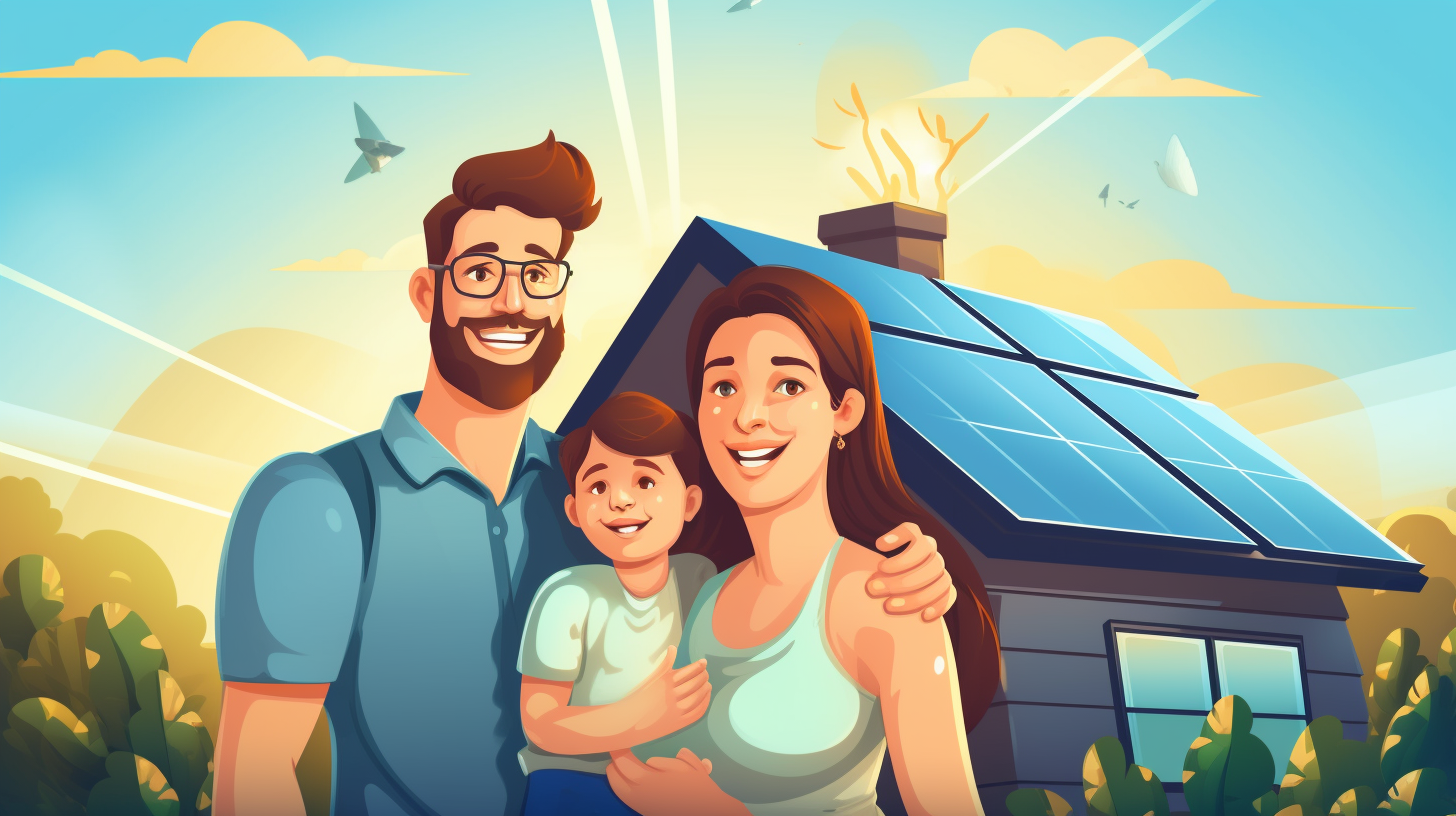 Eine glückliche Familie betrachtet ihre Energierechnung und drückt ihre Zufriedenheit über ihre Einsparungen aus, nachdem sie eine Solaranlage mit Speicher installiert haben.