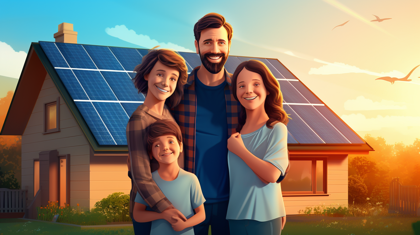 Eine lächelnde Familie steht neben ihrem Haus mit einer Solaranlage auf dem Dach und symbolisiert die Zufriedenheit, selbst erzeugten Strom zu haben.