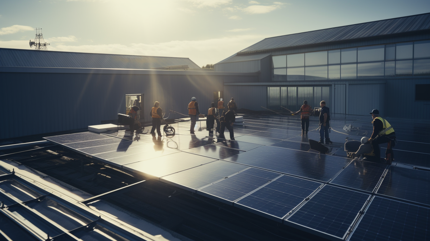 Eine Gruppe von Menschen installiert Bautech-Solarpaneele auf einem Dach.