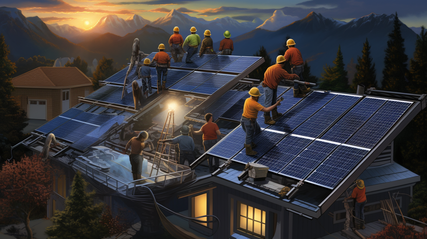 Eine Gruppe von Menschen installiert ein selbstausrichtendes Solarsystem auf einem Dach.
