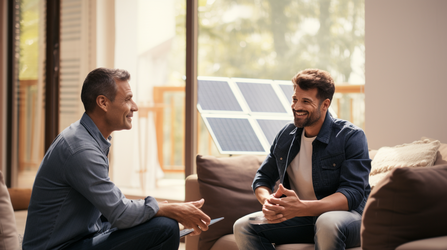 Ein Hausbesitzer spricht mit einem Solaranlagen-Installateur über seine Optionen, Solarmodule zu mieten.