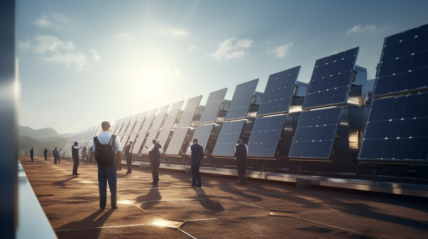 Eine Gruppe von Ingenieuren inspiziert während des Tageslichts eine große Ansammlung von Solarbatterien.