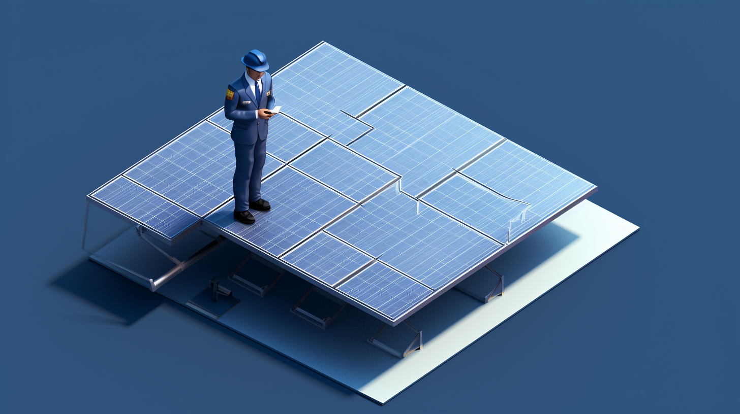 Eine Person in Uniform, die eine Klemmbrett hält und die Installation von Photovoltaik-Paneelen auf einem eigenständigen Solarenergiesystem überprüft.