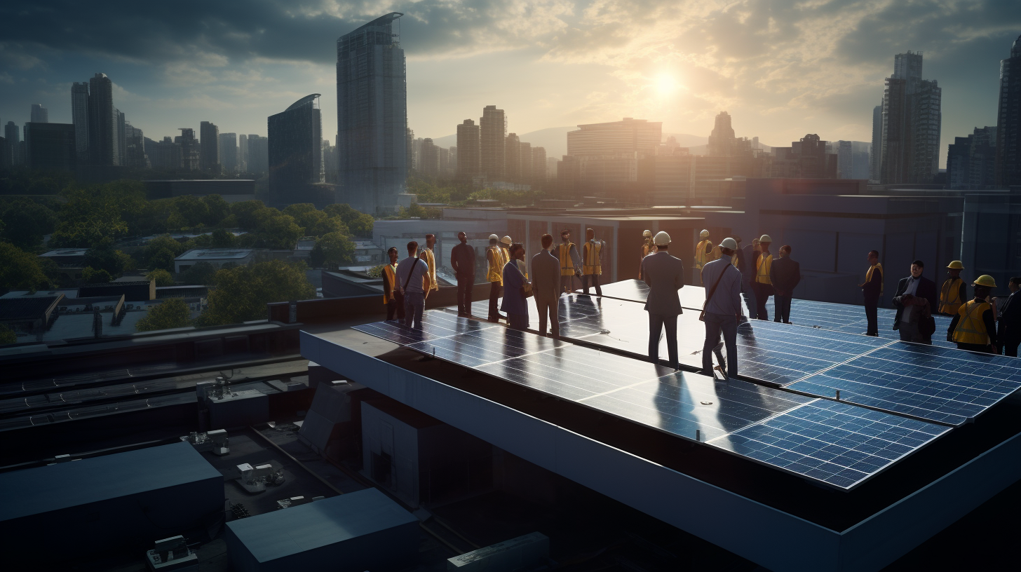Zeige eine Gruppe von Menschen, die ein neu installiertes Solarpanelsystem auf einem Dach inspizieren. Alle tragen Schutzausrüstung und die Atmosphäre ist professionell. Stelle sicher, dass die Solarpanels in einer großen und sauberen Anordnung erscheinen.