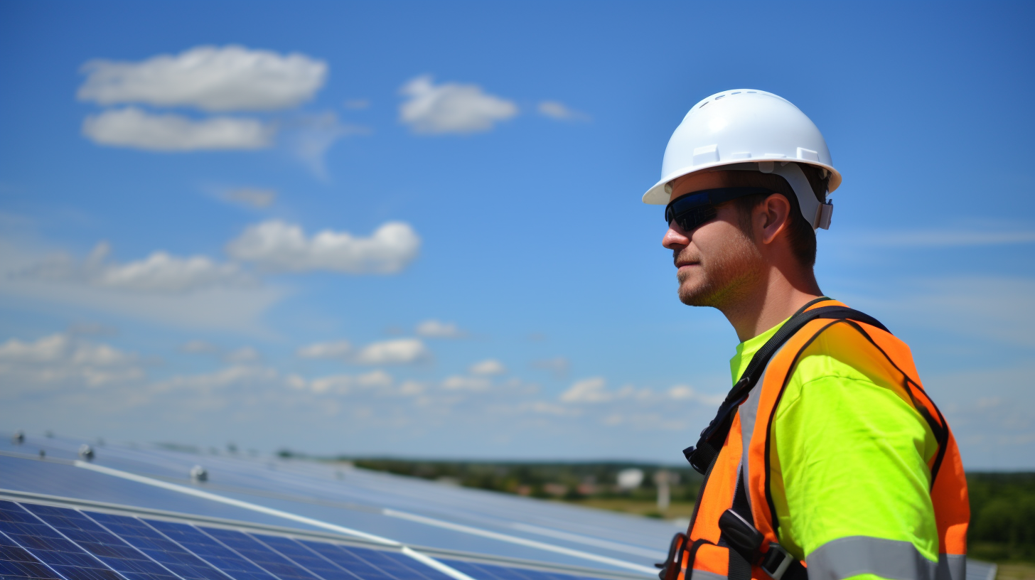 Ein Foto von jemandem, der eine Dach-Solaranlage prüft. Die Person trägt Schutzausrüstung und im Hintergrund ist ein schöner blauer Himmel zu sehen.