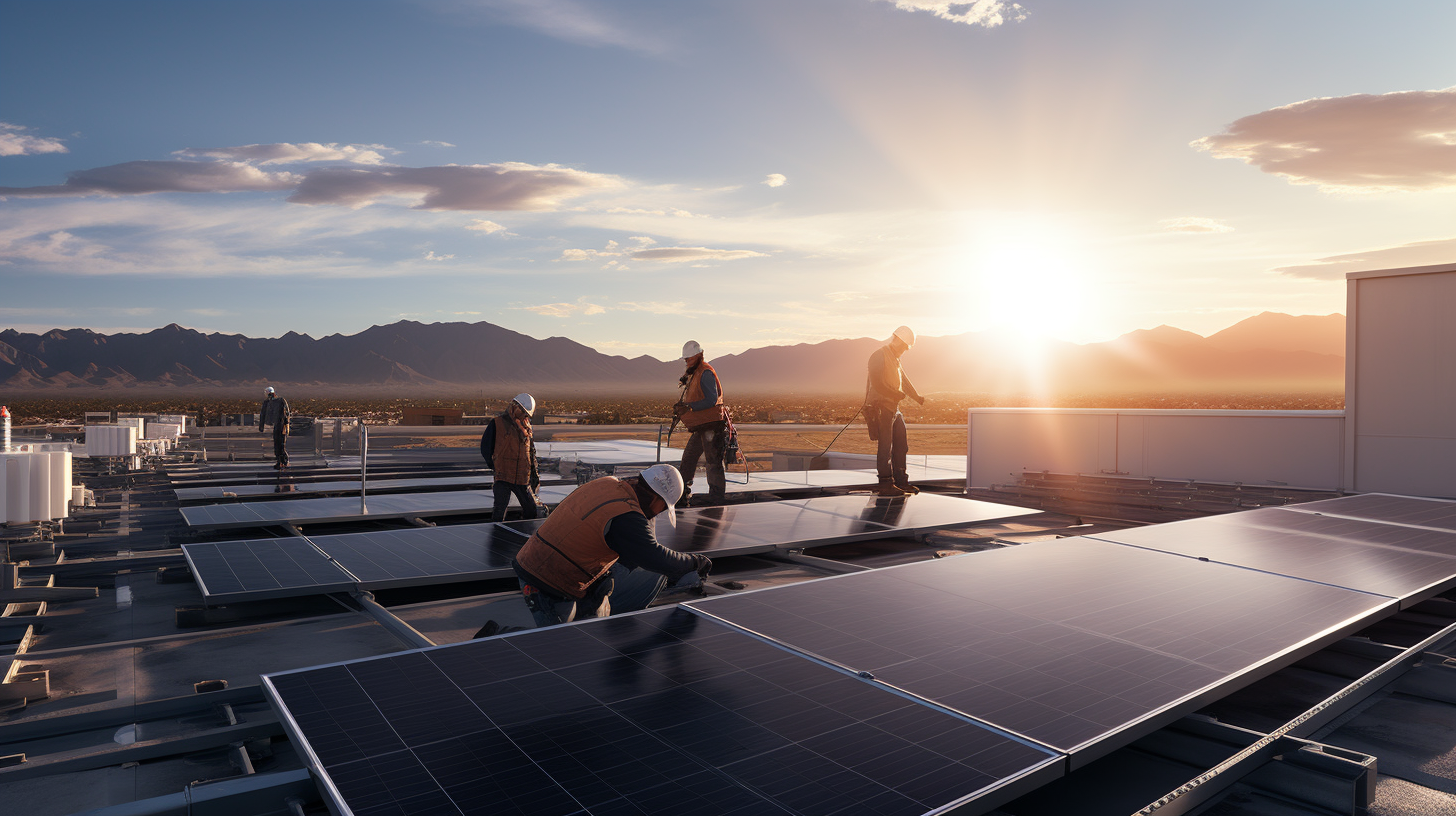 Menschen installieren eine 10KW Solaranlage auf einem Dach, das nach Süden ausgerichtet ist und die umgebende Fläche ist frei von hohen Strukturen, die Schatten auf die Solarpaneele werfen könnten.