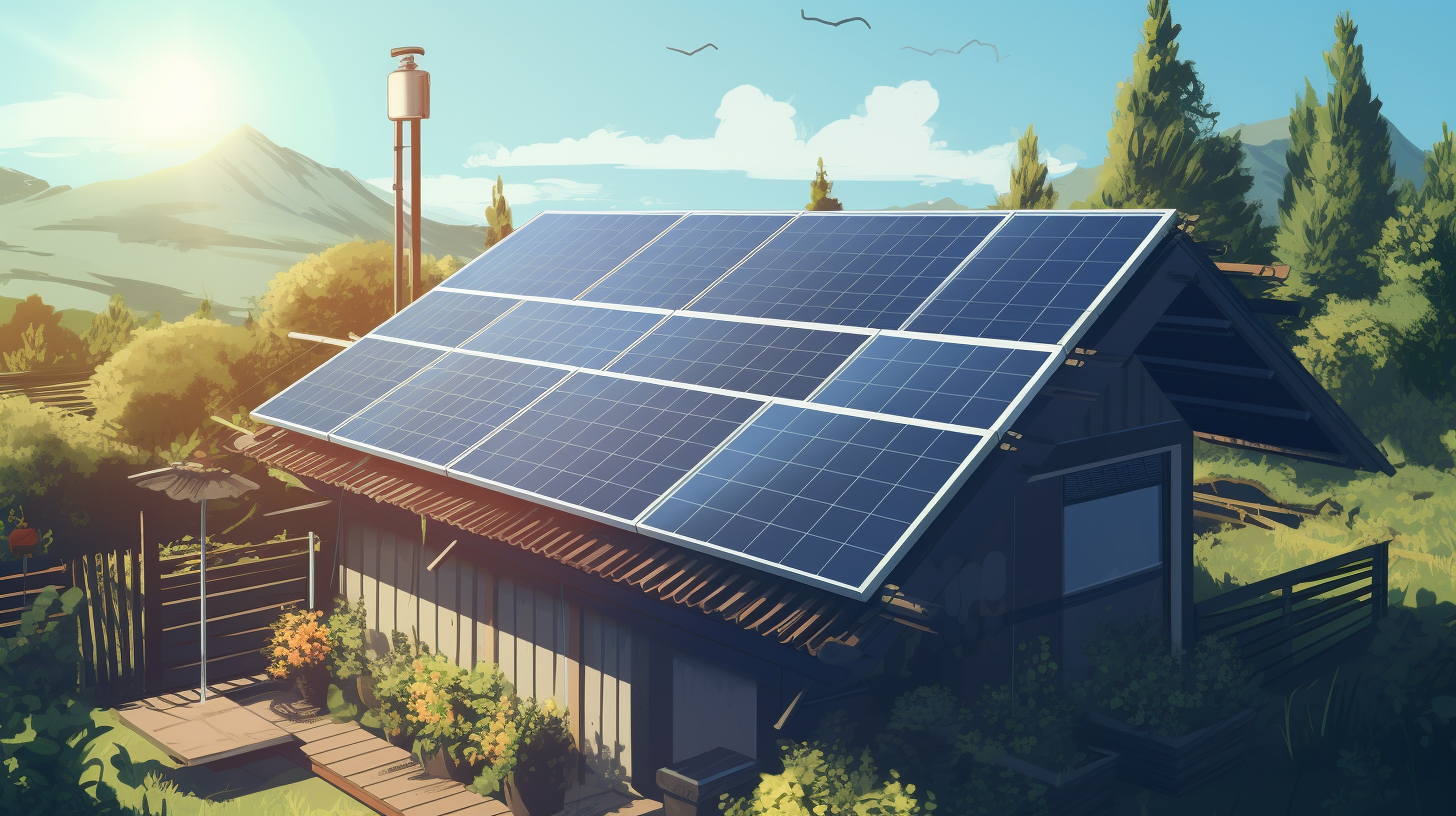 Eine Person installiert ein Sonnenkollektor auf dem Dach eines Gartenschuppens an einem sonnigen Tag.