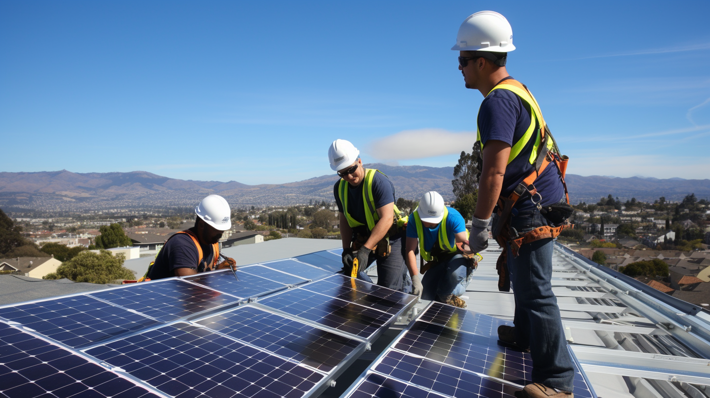 Eine Gruppe von Menschen installiert ein Solarmodulsystem auf dem Dach, das die Sonne reflektiert.
