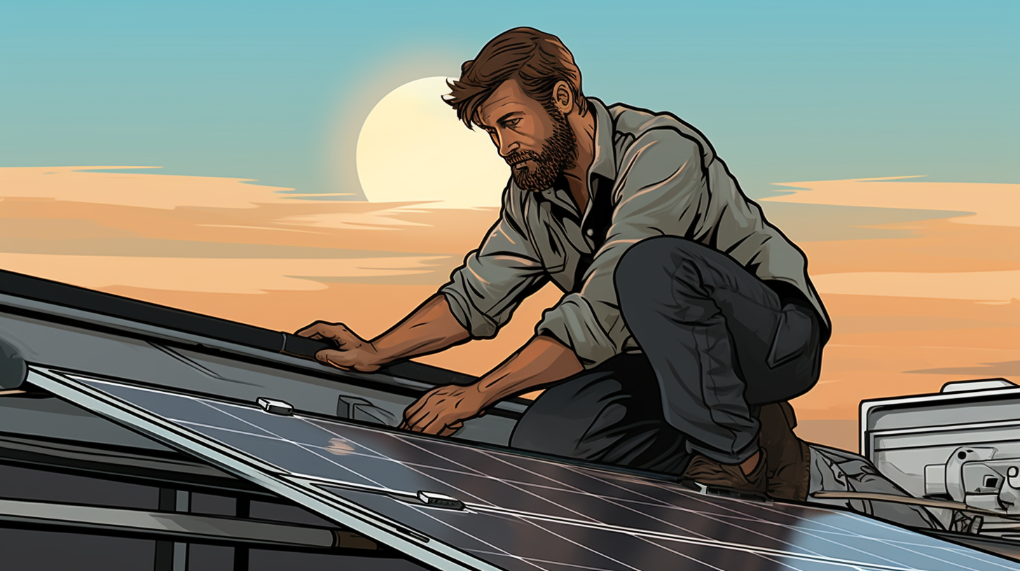 Ein Bild, das eine Person zeigt, die ein flexibles Solarmodul auf dem Dach eines Wohnwagens installiert.