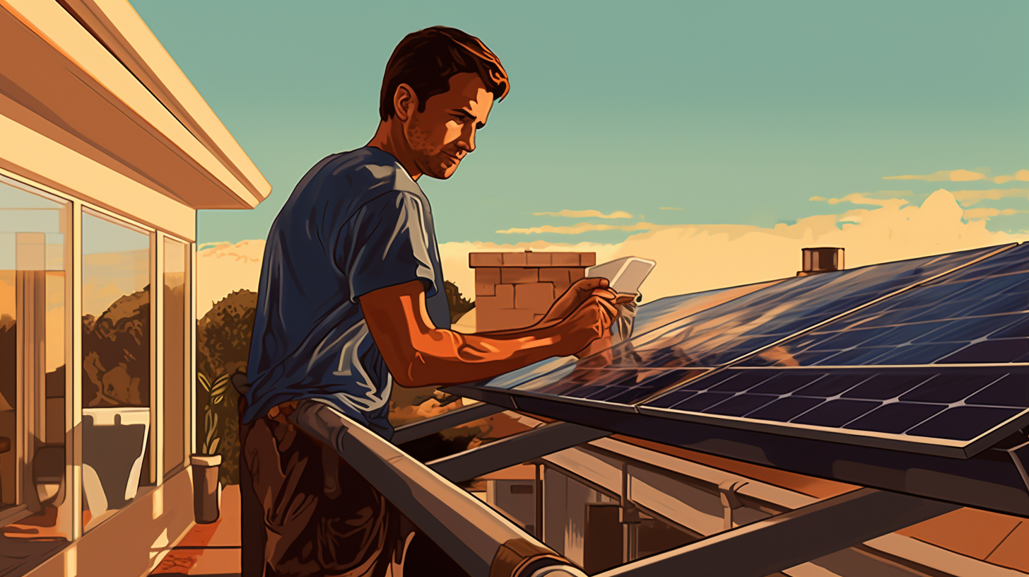 Ein Mann montiert ein kompaktes Solarmodulsystem auf einem Balkon, wobei die Solarmodule am Geländer lehnen.