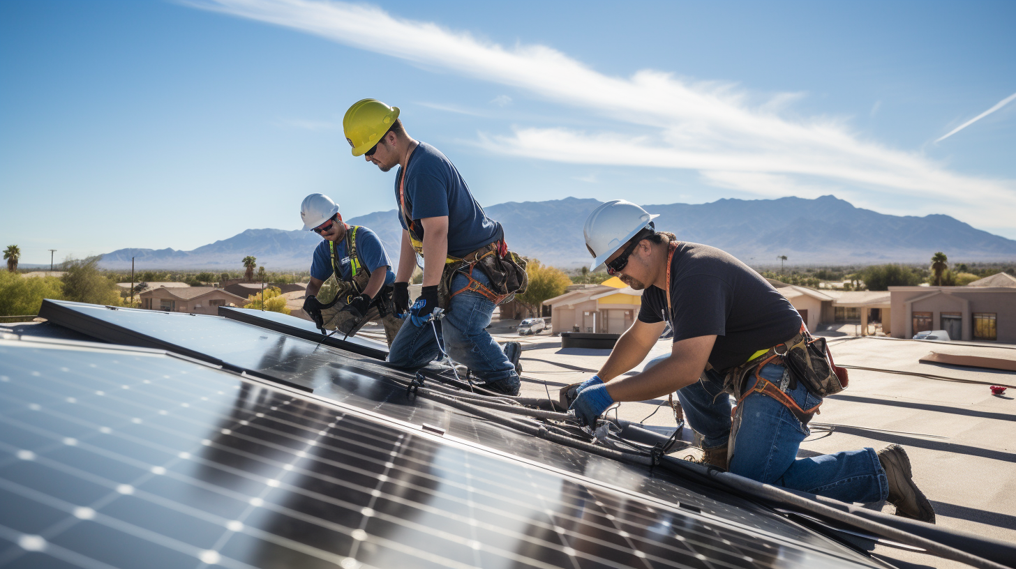 Eine Gruppe von Menschen montiert ein Yuma Solarpanel auf einem Dach und unterstreicht damit seine umweltfreundliche Natur.