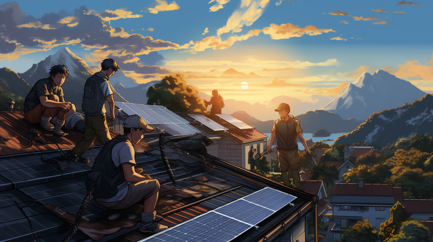 Eine Gruppe von Menschen, die auf einem Hausdach Photovoltaik-Module installiert.