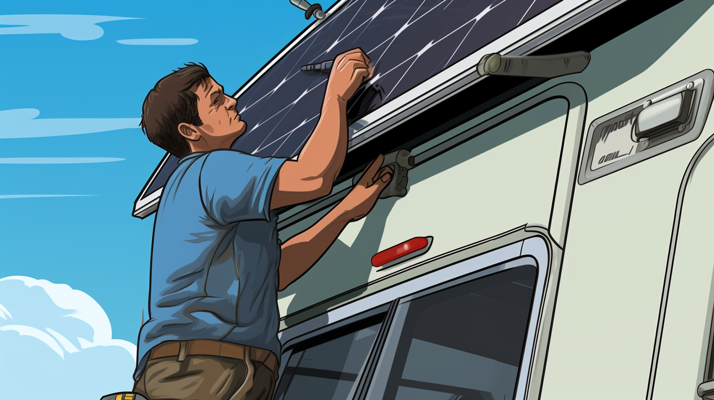 Eine Nahaufnahme einer Person, die sorgfältig Solarpaneele auf dem Dach eines Wohnwagens bei Tageslicht installiert.