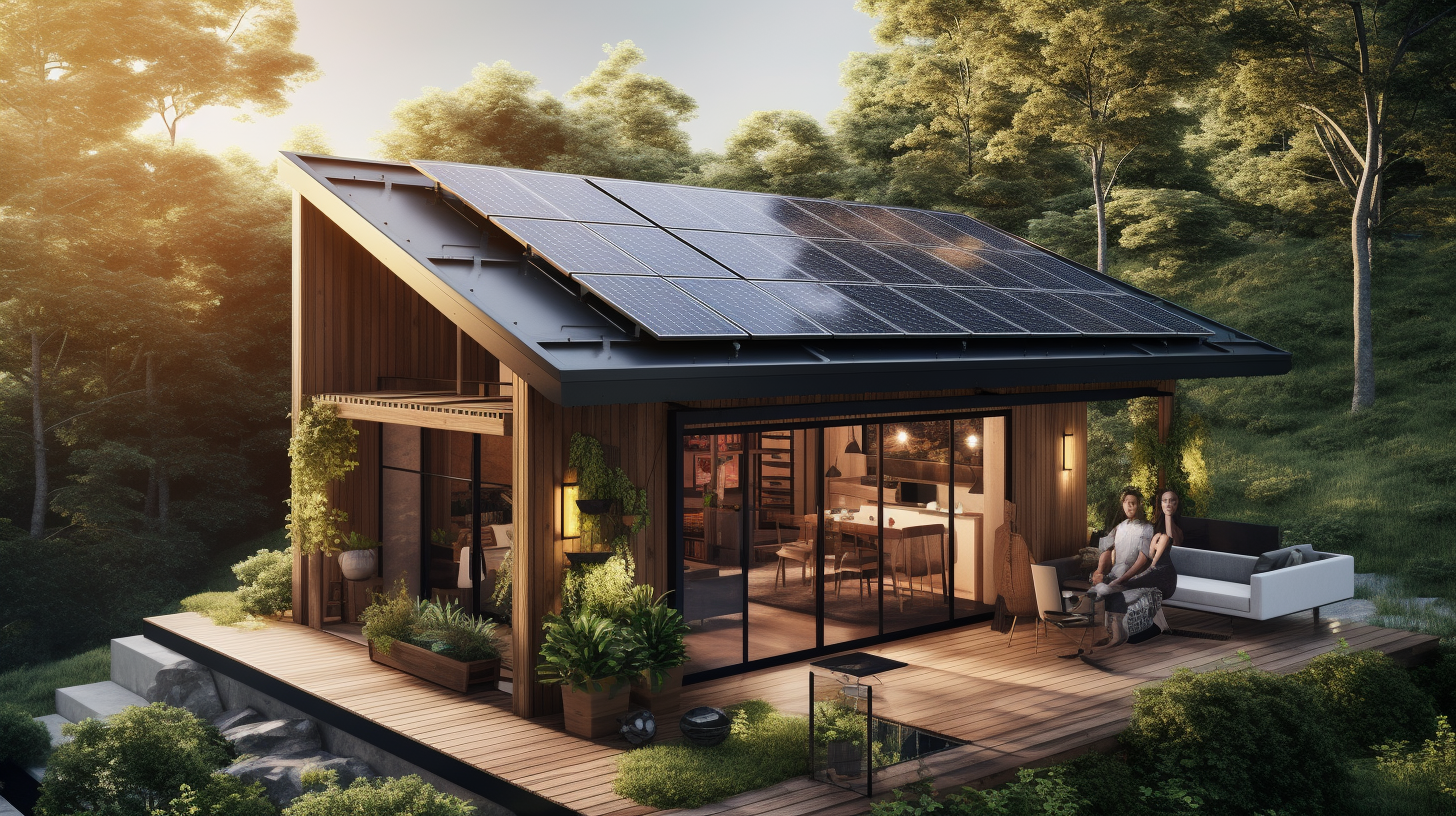 Eine Person montiert Solarpaneele auf ein umweltfreundliches Gartenhaus aus Holz, umgeben von wunderschönem Grün und Sonnenlicht oben.