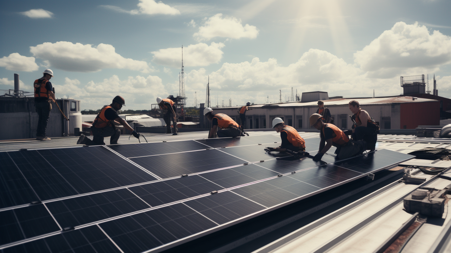 Eine Gruppe von Menschen installiert ein Solarmodul auf einem Dach.