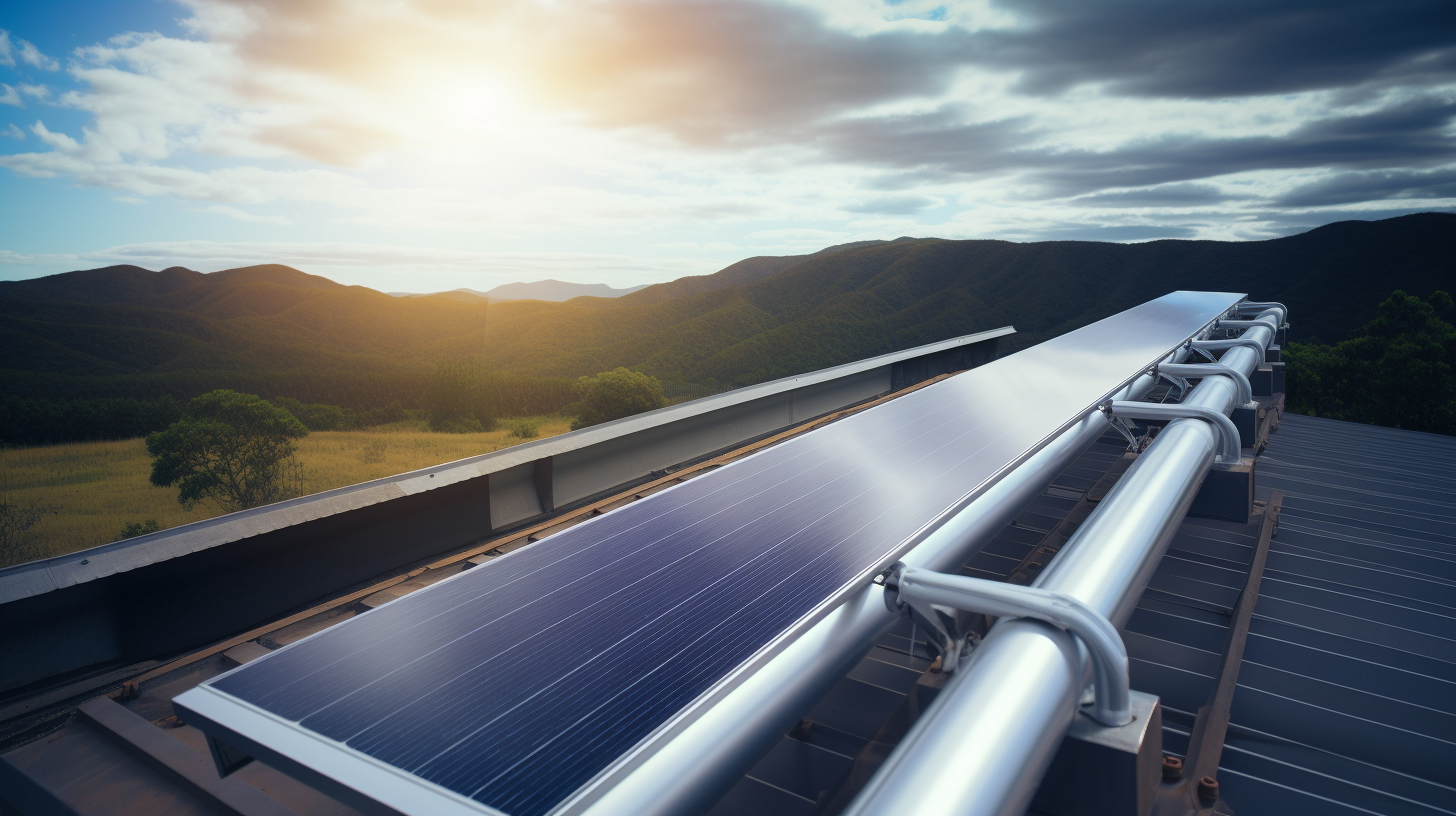 Ein Paar Solarthermie-Kollektoren auf einem Dach installiert, wodurch die realistische Installation eines solarthermischen Systems dargestellt wird.