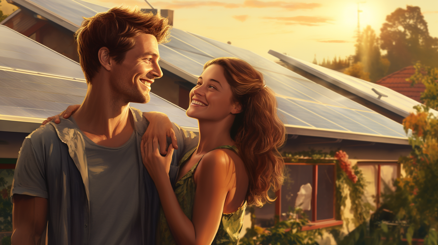 Ein junges Paar schaut glücklich auf die Solarzellen auf dem Dach ihres Hauses.