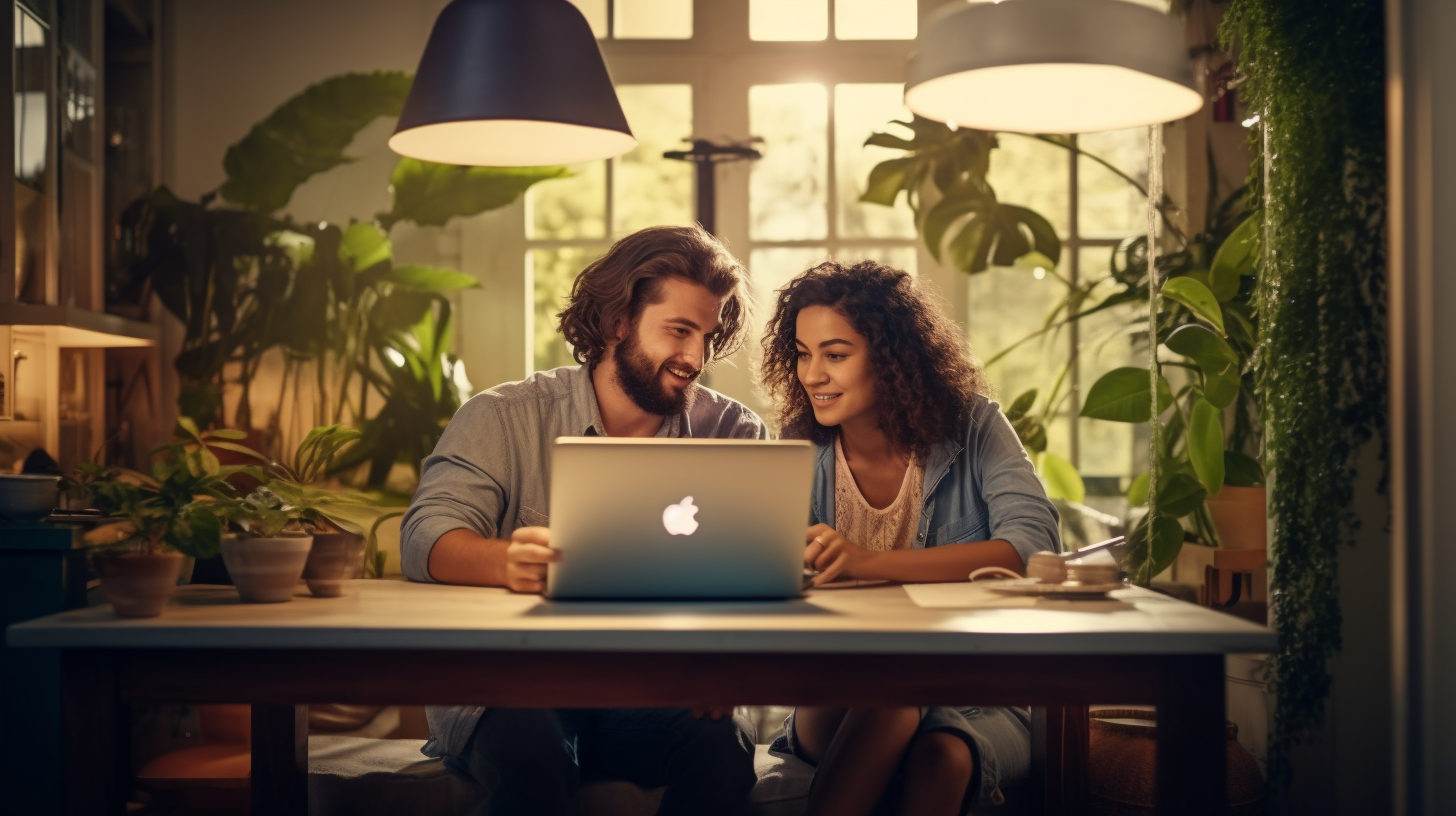 Ein junges Paar sitzt an einem Tisch und betrachtet verschiedene Faktoren auf einem Laptop, während es die Vor- und Nachteile einer Solaranlagenmiete abwägt.