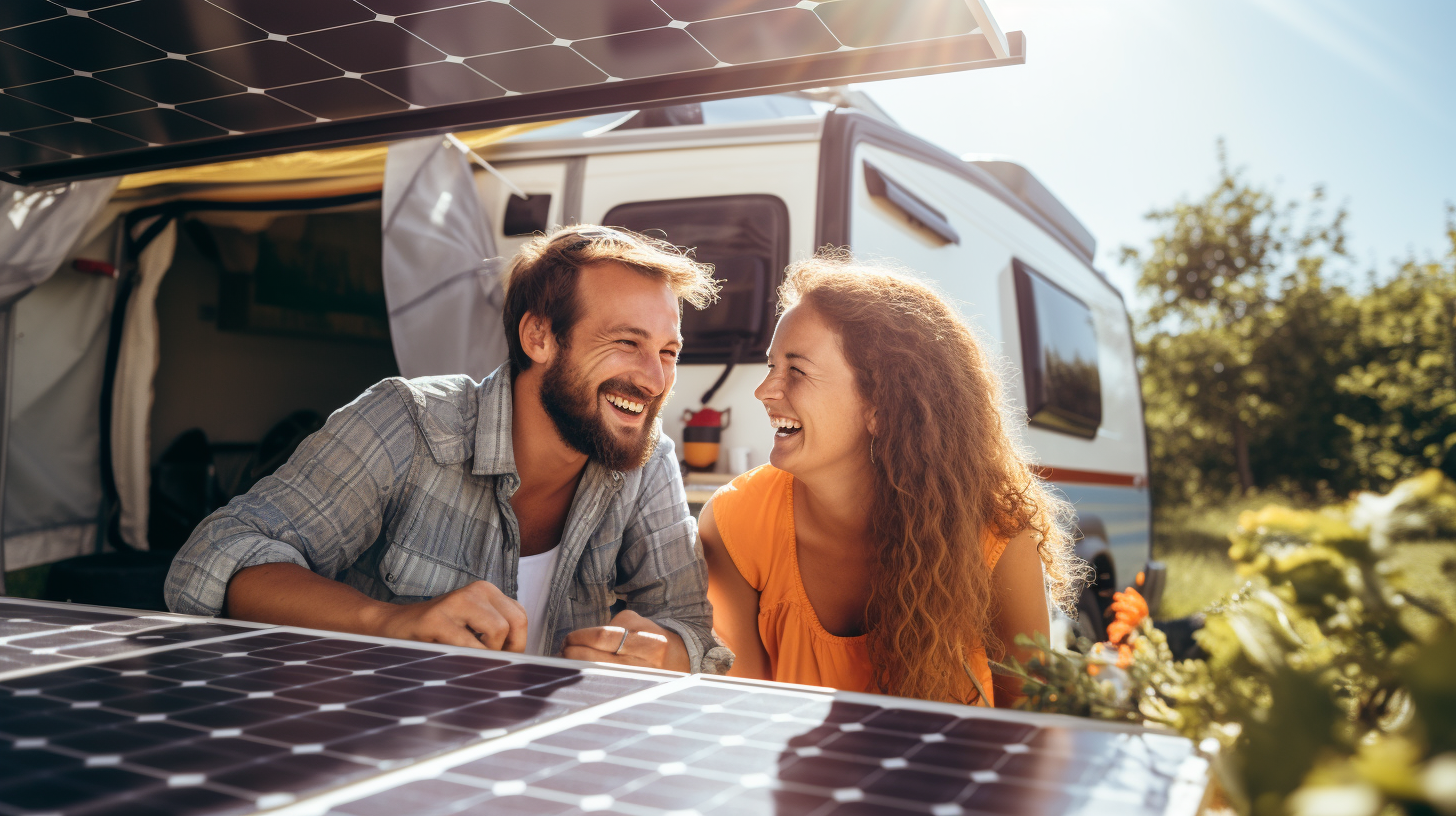 Ein lächelndes Paar überwacht die Solarpaneele ihres Wohnwagens und genießt die Vorteile einer unabhängigen Stromquelle auf einem sonnigen Campingplatz.