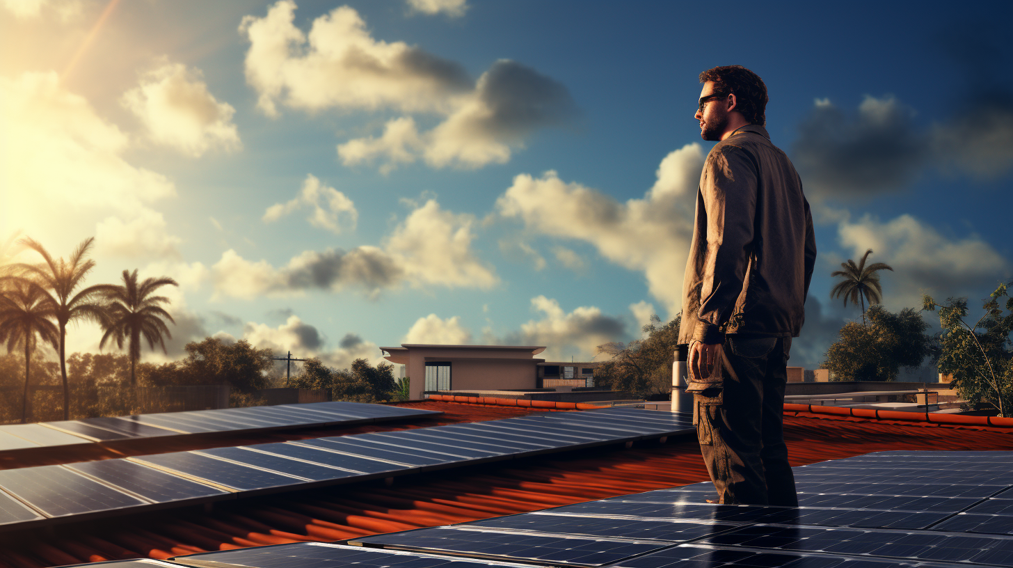 Ein Mann betrachtet die auf seinem Dach von Enpal installierten Solarmodule.