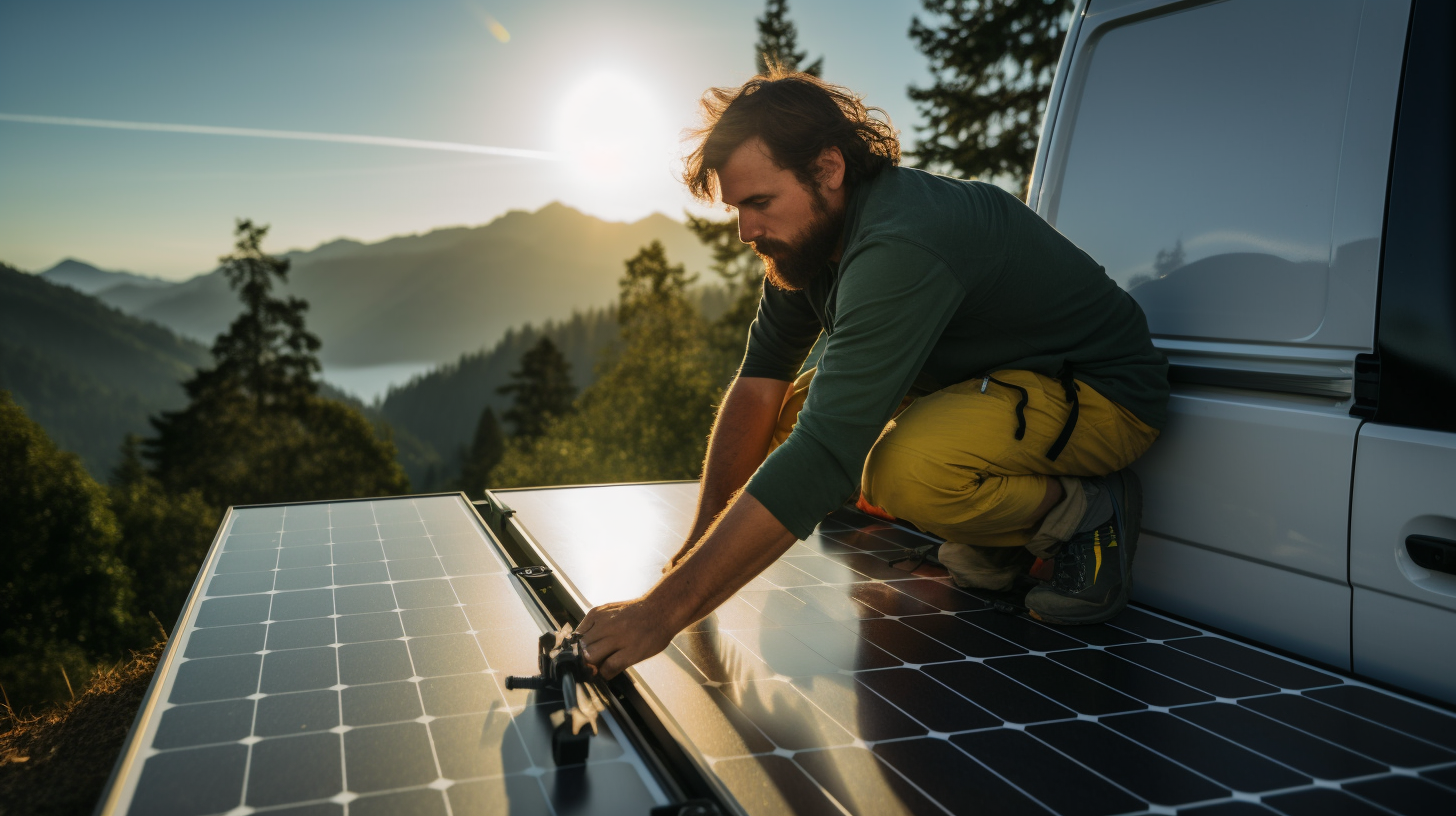 Ein Mann montiert Solarpaneele auf seinem Wohnmobil.