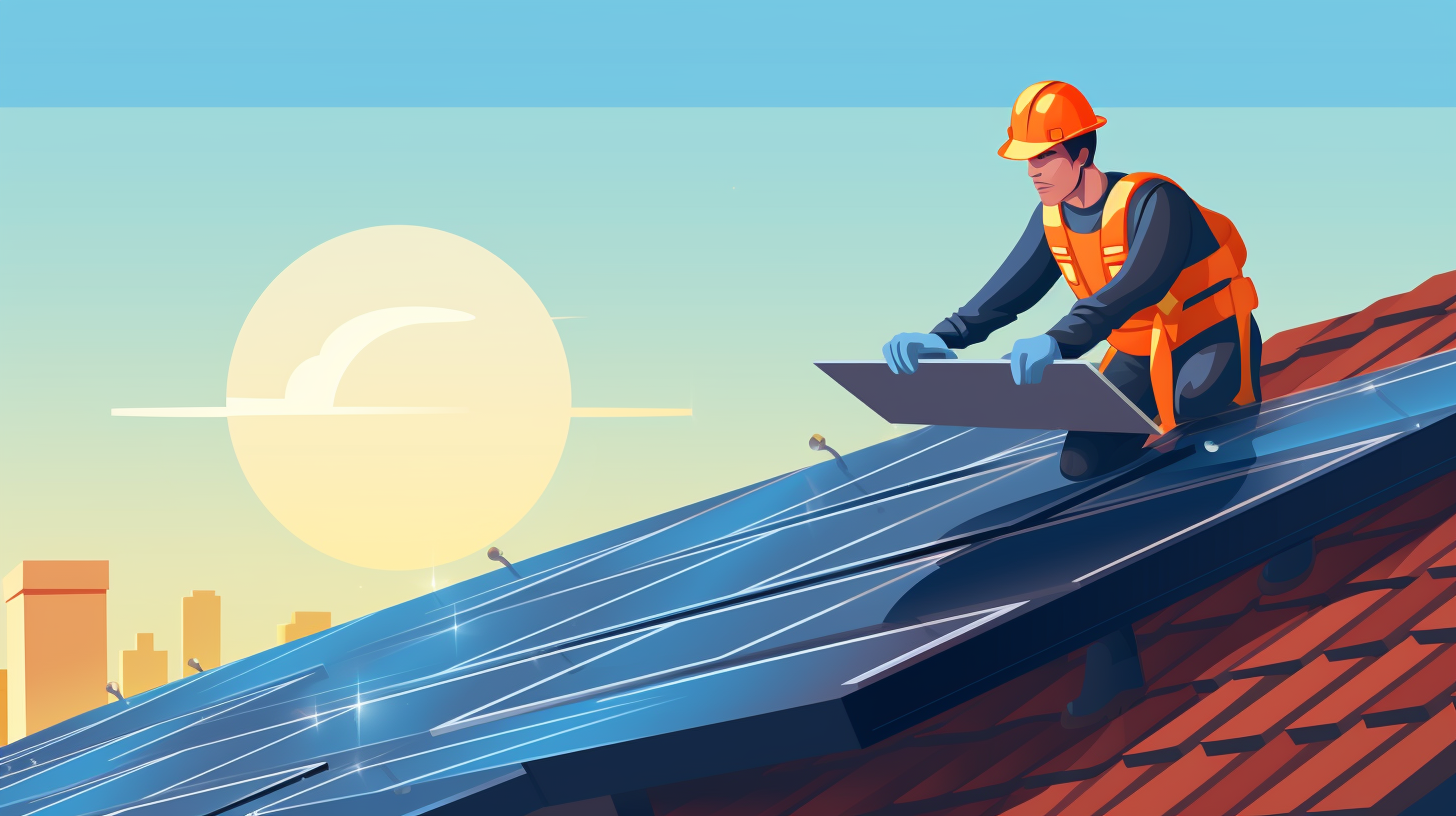 Eine bildliche Darstellung eines Mannes, der Solarmodule auf einem Dach installiert, steht für das Konzept der Investition in Solarenergie. Der Mann ist professionell in Schutzausrüstung gekleidet und befestigt ein großes Solarmodul auf dem Dach unter einem klaren, sonnigen Himmel.