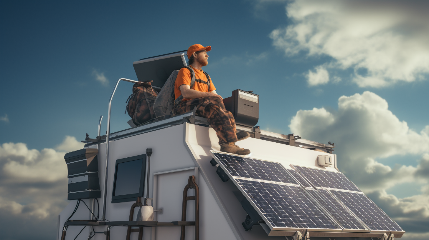 Ein Mann auf dem Dach eines Wohnmobils, der Solarpaneele installiert.