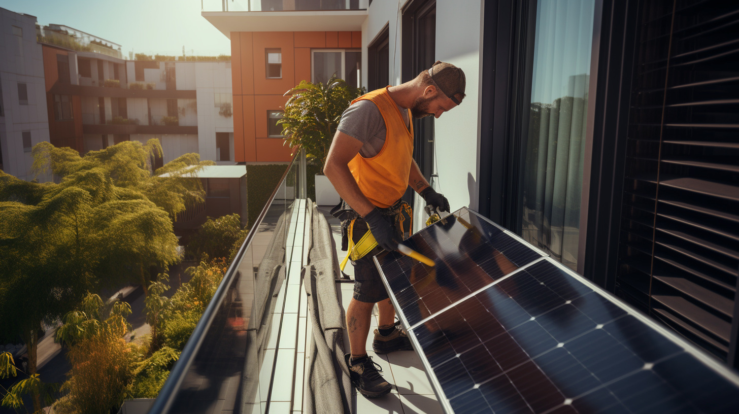 Ein Mann, der seine Balkon-Solaranlagen überprüft und reinigt.