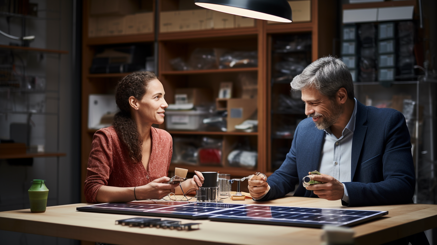 Ein Mann und eine Frau diskutieren über die Kosten und Bestandteile einer Solaranlage an einem Tisch, auf dem ein Modell einer Solaranlage und Kaffeetassen stehen.