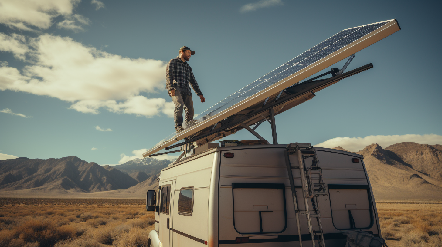 Mittlere Einstellung einer Person, die auf ihrem Wohnmobil manuell Solarpaneele installiert, und darstellt die autonome Energiequelle für Reisende.