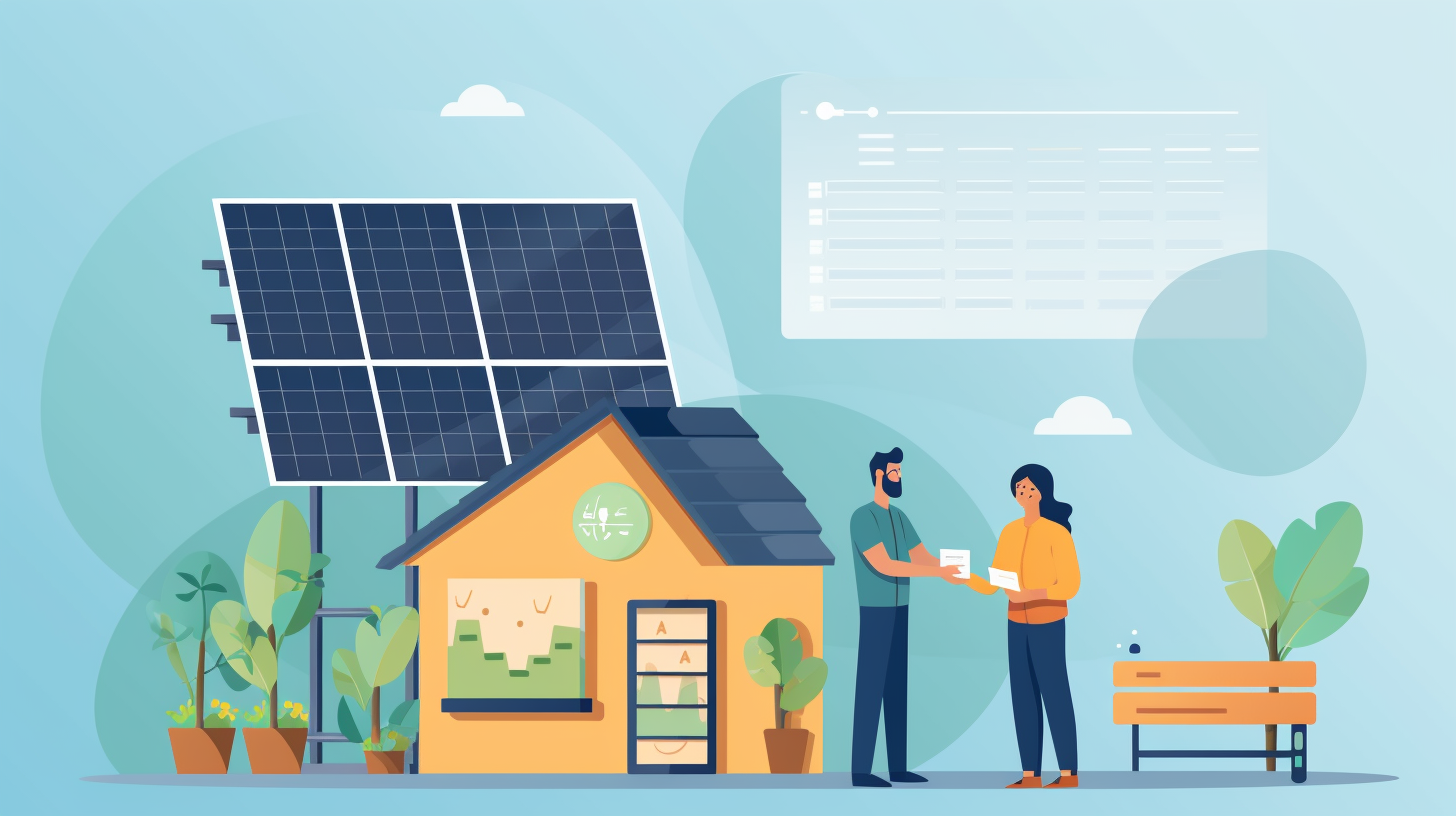 Ein Paar, das Diagramme und Grafiken über die Kosten und Einsparungen eines Solarenergiesystems für zu Hause diskutiert.