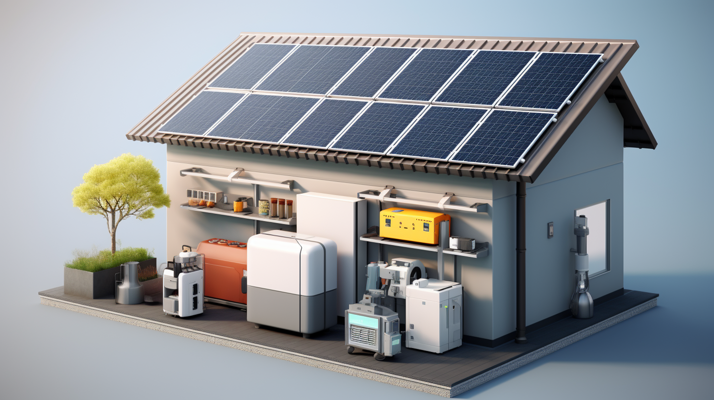 Eine fotorealistische Darstellung zeigt verschiedene Komponenten eines Solarmodulsystems mit Speicher - Solarmodule auf einem Dach, einen Wechselrichter und eine Batteriespeichereinheit.