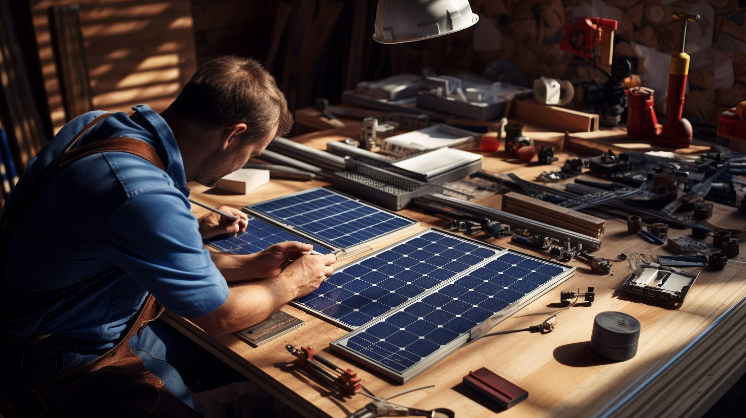 Eine Person, die sorgfältig die Vor- und Nachteile einer selbst durchgeführten Installation eines Solarmodulsystems abwägt, mit Werkzeugen, Bauplänen, einem Taschenrechner und einem Solarmodell auf einem Tisch vor sich.