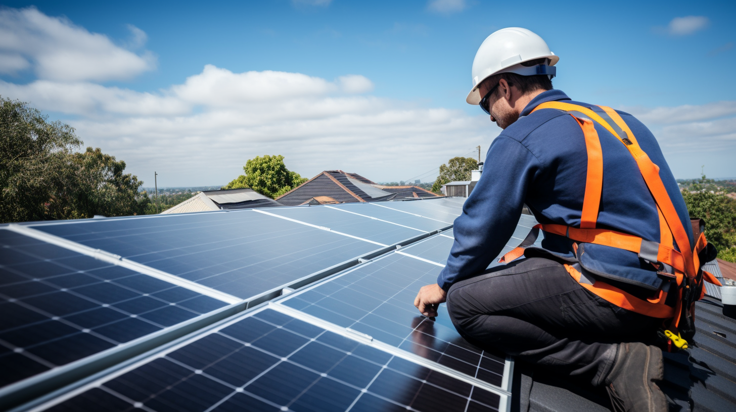 Ein Fachmann beurteilt den idealen Standort und die Position für die Installation von Solarmodulen auf einem Hausdach.