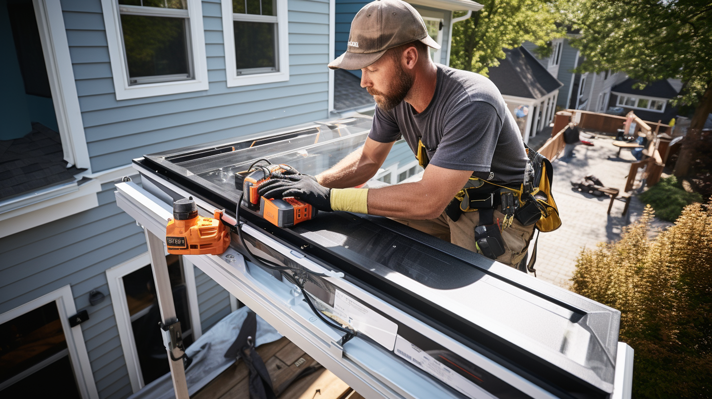 Ein Mann wird dabei beobachtet, wie er eine Balkon-Solaranlage installiert. Er hält sich an Sicherheitsstandards und Vorschriften, trägt geeignete Ausrüstung und verwendet professionelle Werkzeuge. Dies stellt die professionelle Installation einer Balkon-Solaranlage dar.