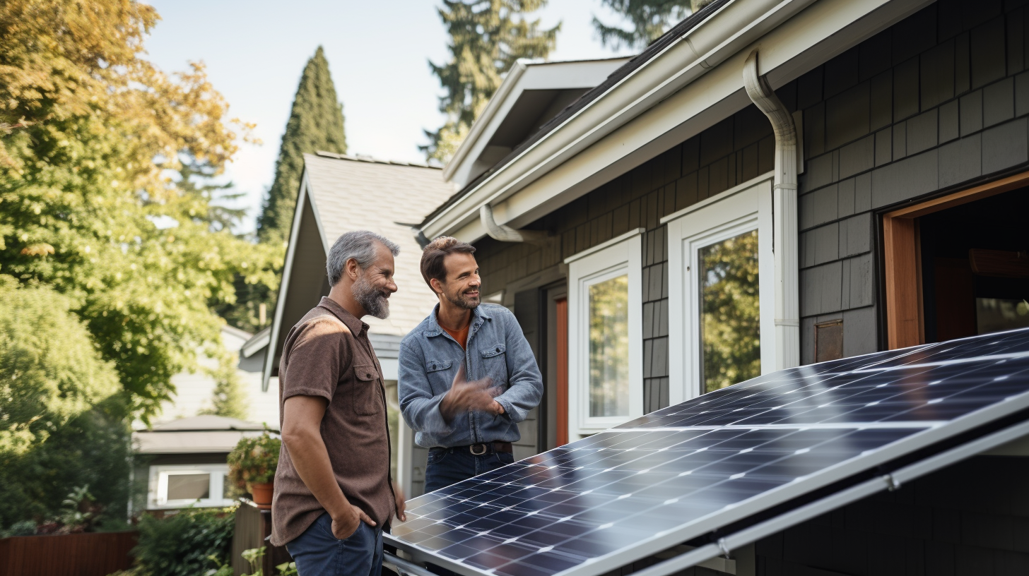 Ein Fachmann und ein Hausbesitzer diskutieren über die Installation eines Solarpanel-Systems auf dem Balkon.