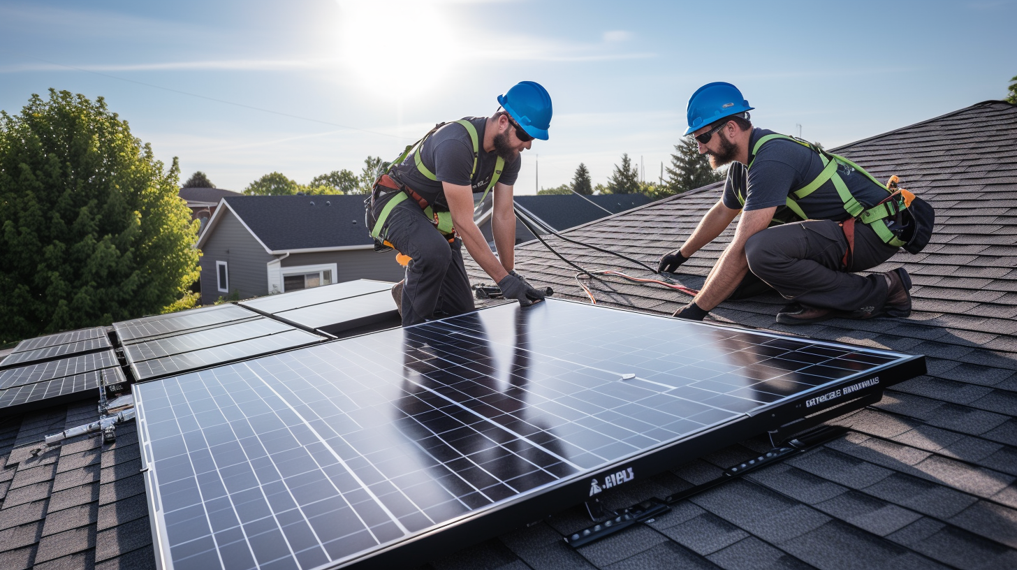 Ein Team von Fachleuten installiert ein 10 KW Photovoltaikanlage auf dem Dach eines Hauses.