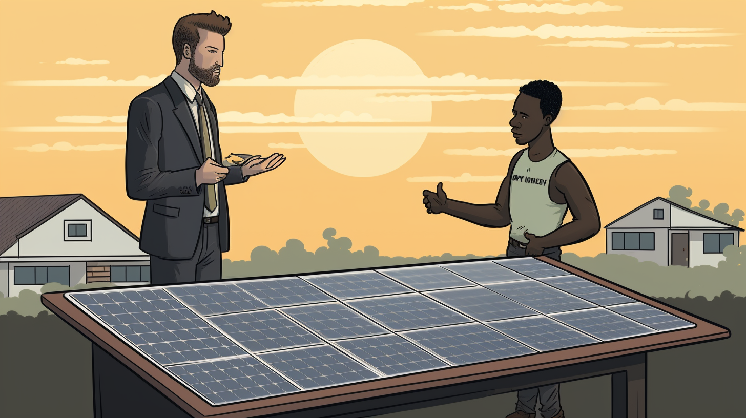 Ein Verkäufer erklärt einem Hausbesitzer ausführlich die Solarpanels, die er zur Vermietung anbietet.