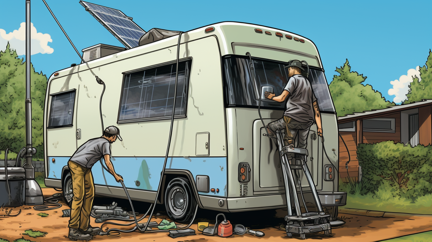 Eine Person reinigt ein Solarmodul auf einem Wohnmobil mit einem langstieligen Pinsel und einem Eimer mit Seifenwasser.