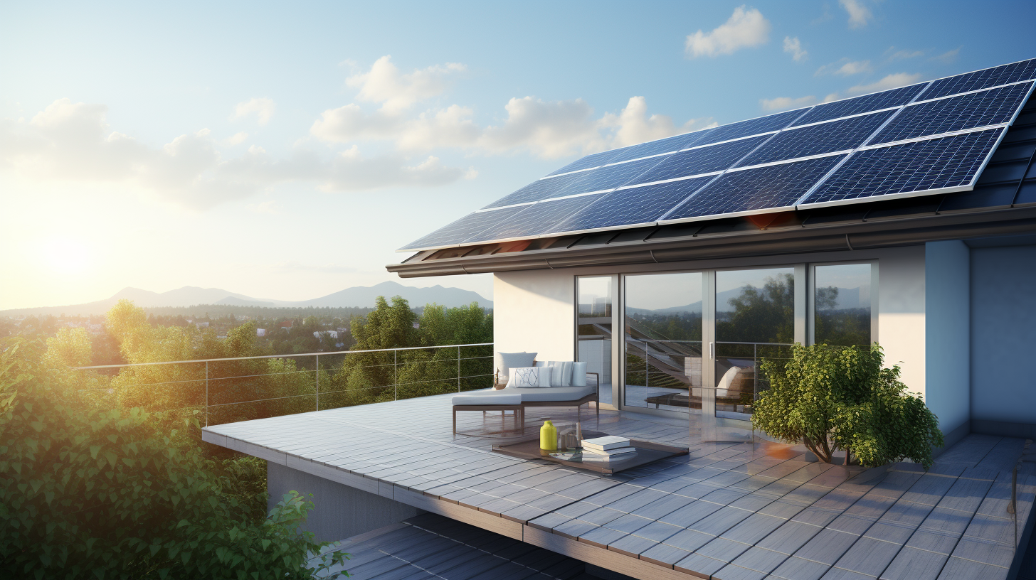 Ein fotorealistisches Bild zeigt ein Wohn-Solarpanel-System auf einem Dach mit einem hellen, klaren Himmel im Hintergrund. Dieses Bild symbolisiert die Wichtigkeit, Ihr Solarpanel-System zu versichern, um Ihre Investition zu schützen.