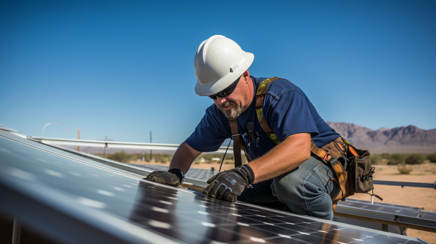 Ein Solartechniker führt eine routinemäßige Kontrolle an einer Solaranlagen-Installation in Yuma an einem sonnigen Tag durch.