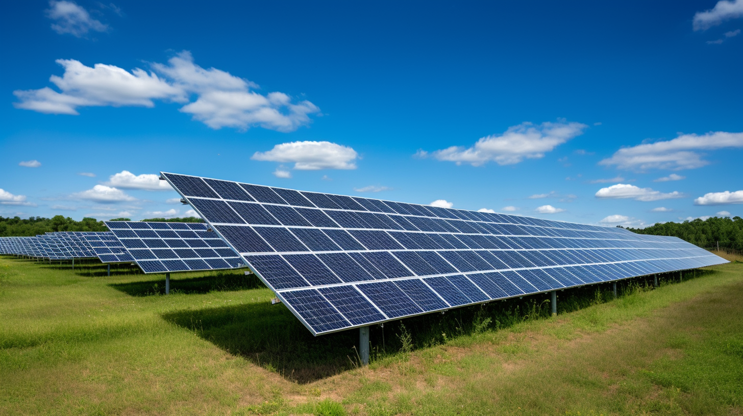 Ein Foto zeigt einen Solarpark mit zahlreichen leicht geneigten Solarpanels, die dem sonnigen Himmel zugewandt sind. Die Solarpanels sind eine Kombination aus blauen und silbernen Farben, während das Gesamtbild von saftigem grünen Gras umgeben ist.
