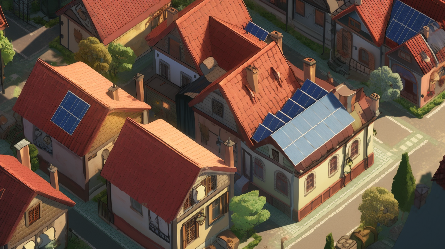 Ein Luftbild von verschiedenen Häusern in einer sonnigen Gegend, idealerweise mit einigen Solarmodulen auf den Dächern.